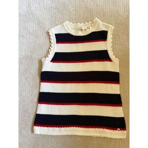 Ted Baker Sleveless Knit Top Women 3 Ivory Blue Red Striped Scallop Nautical